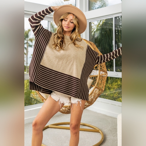 BiBi Striped Contrast Long Sleeve Slit Top - Picture 4 of 9